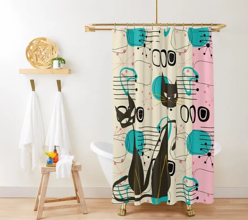 Mid Century Modern Atomic Cat Shower Curtain, Retro Boomerang Starbursts Pink, Turquoise, and Black Bath Decor
