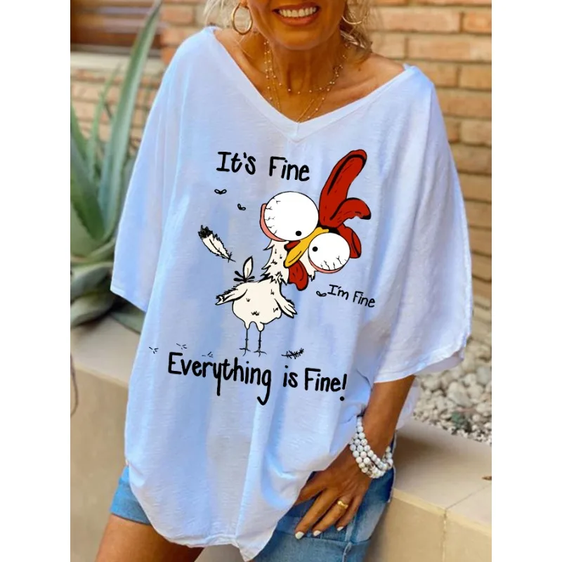 ilstile Women's Everything is Fine Print T-Shirts Summer Short Sleeve Casual Loose T Shirt V Neck Long Tops White Black