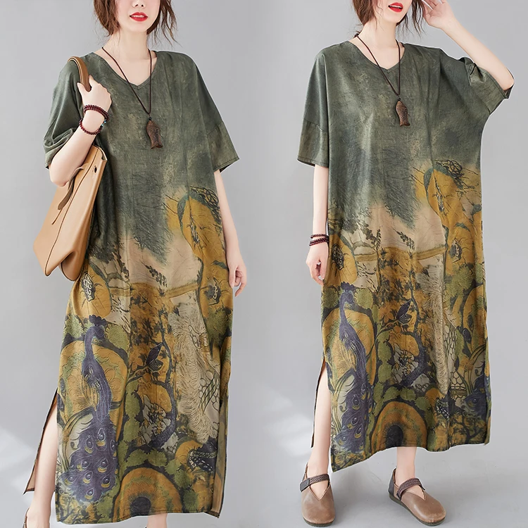 

plus Size Women's Faionable Summer Loose V-Ne Side Slit Long Dr Print Slim ort Sve Dr Belly Covering Dr