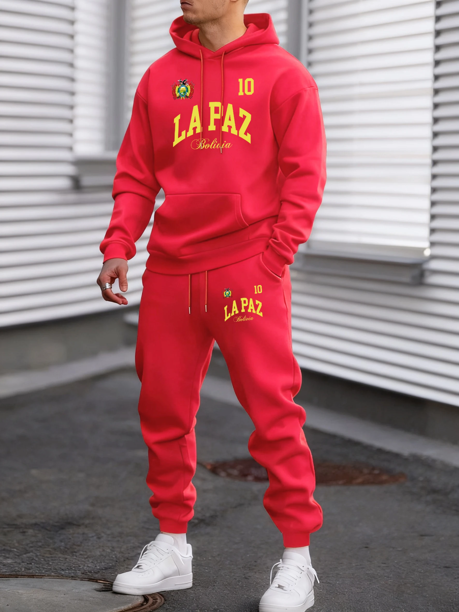 

Lapaz Bolivia Emblem Printed Comfy Street Hoodie Winter Fleece Casual Sweatshirts Long Pants Sets Man Basics All-Match Sweatpant