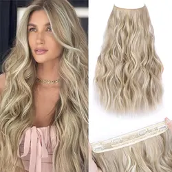 Sintético 4 clipes na extensão do cabelo natural cor misturada preto loira uma peça longa onda fio invisível falso pedaço de cabelo