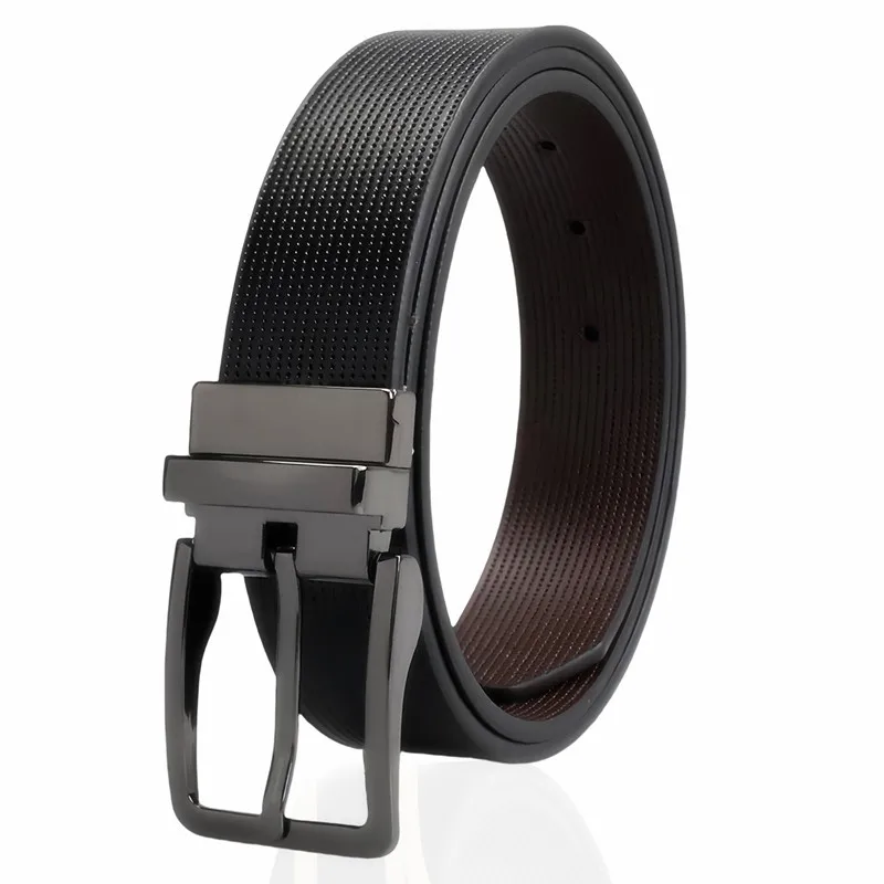 Neuer Herrengürtel aus Leder mit drehbarer Schnappverschluss-Schnalle und zweifarbigem Korpus, Luxus-Herrengürtel aus echtem Leder, 3,3 cm breit – Detail 2
