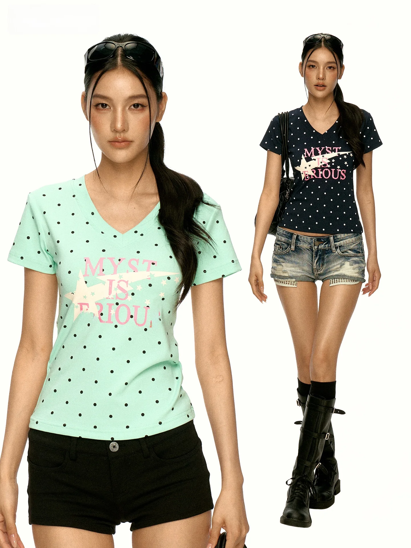 Aaisup Polka Dot Letter Print V-Neck Short Sleeve T-Shirt Women's Summer Korean Style Commute Slim Fit Shoulder Apparels