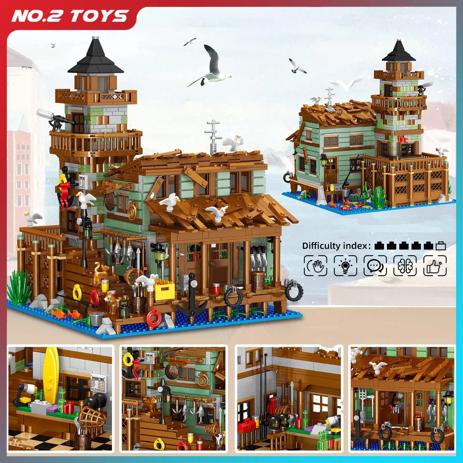 1881 Pieces Creative Designer Beach Street View Model Fishing Village Hut Building Blocks Toys for Children DIY Assemble Blocks