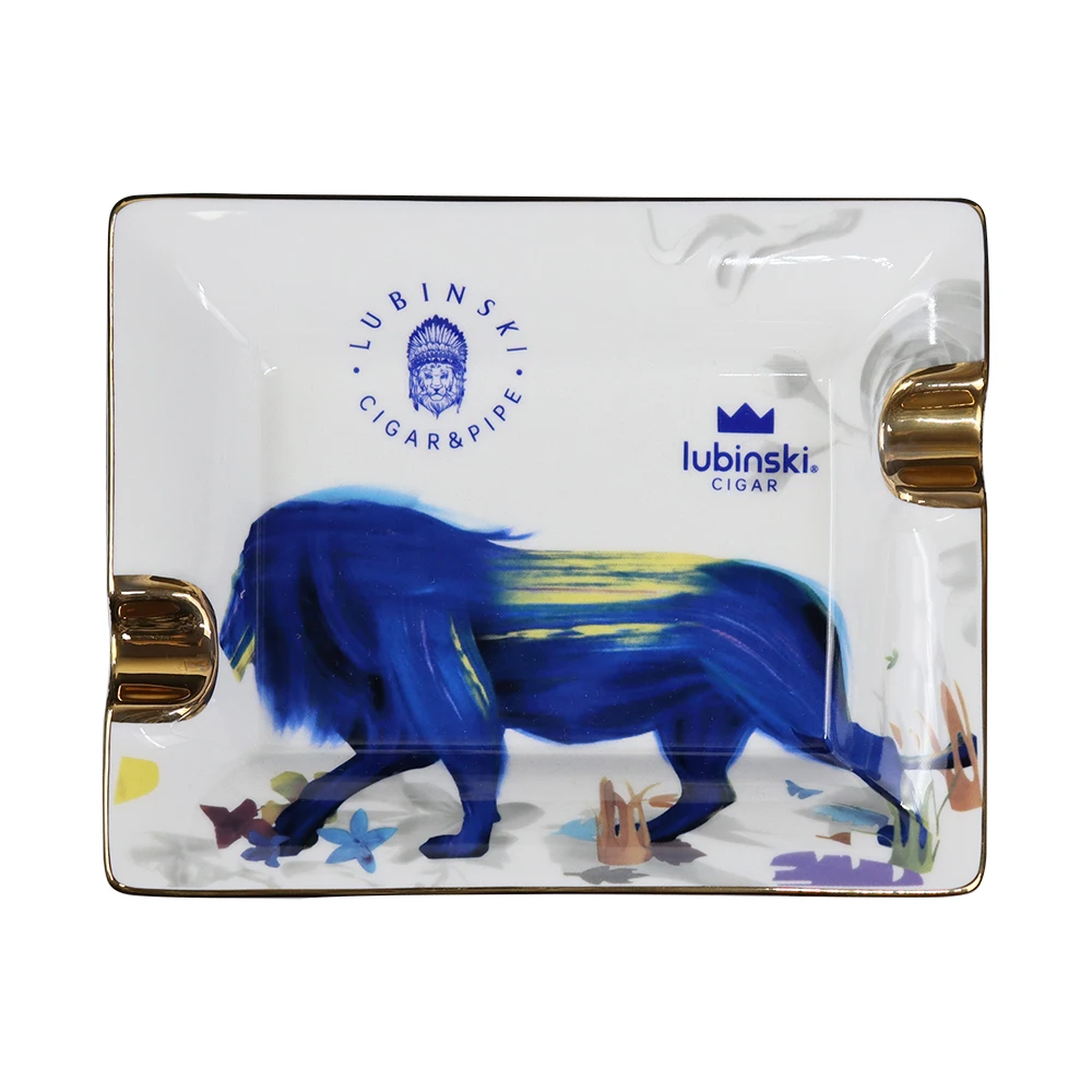 LUBINSKI Luxury Ceramic Outdoor Painting Cigar Ashtray 2 Rest Cigars Ash Holder New 2022 Blue Lion With Gift Box CA-057