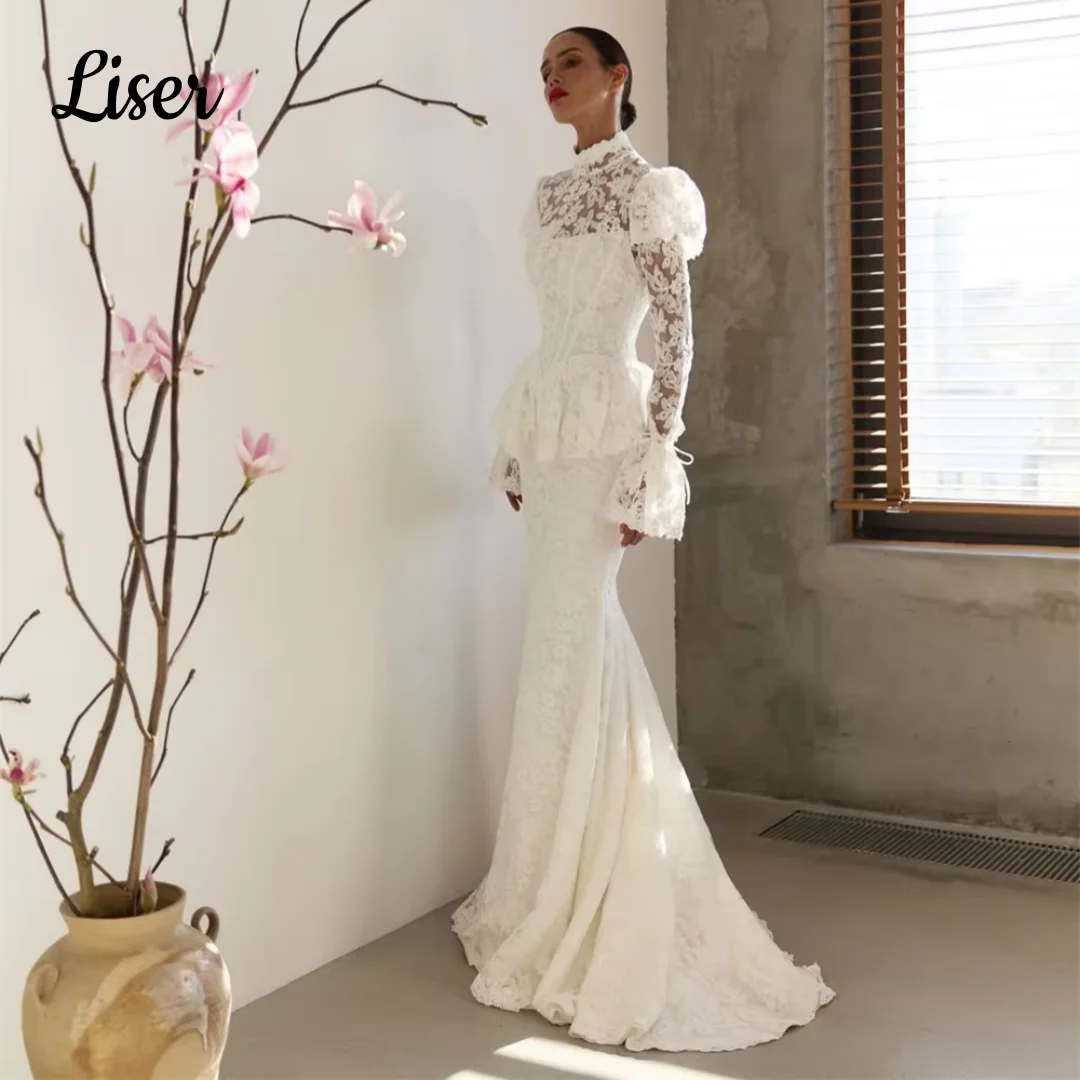 Liser Customized Modest Wedding Dress High Neck Puff Sleeves Ruched Train Mermaid Vintage Bridal Gown Vestido De Novia 2026