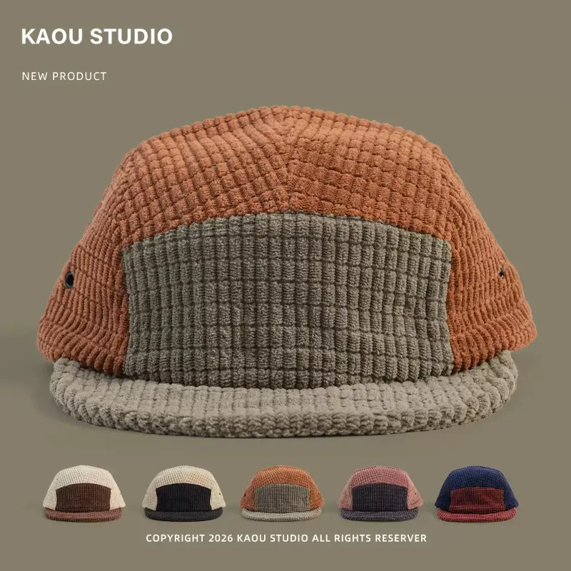 Color Block Waffle Baseball Cap Retro Patchwork Soft Brim Trucker Hat Casual Streetwear Short Brim Daily Caps for Men Women