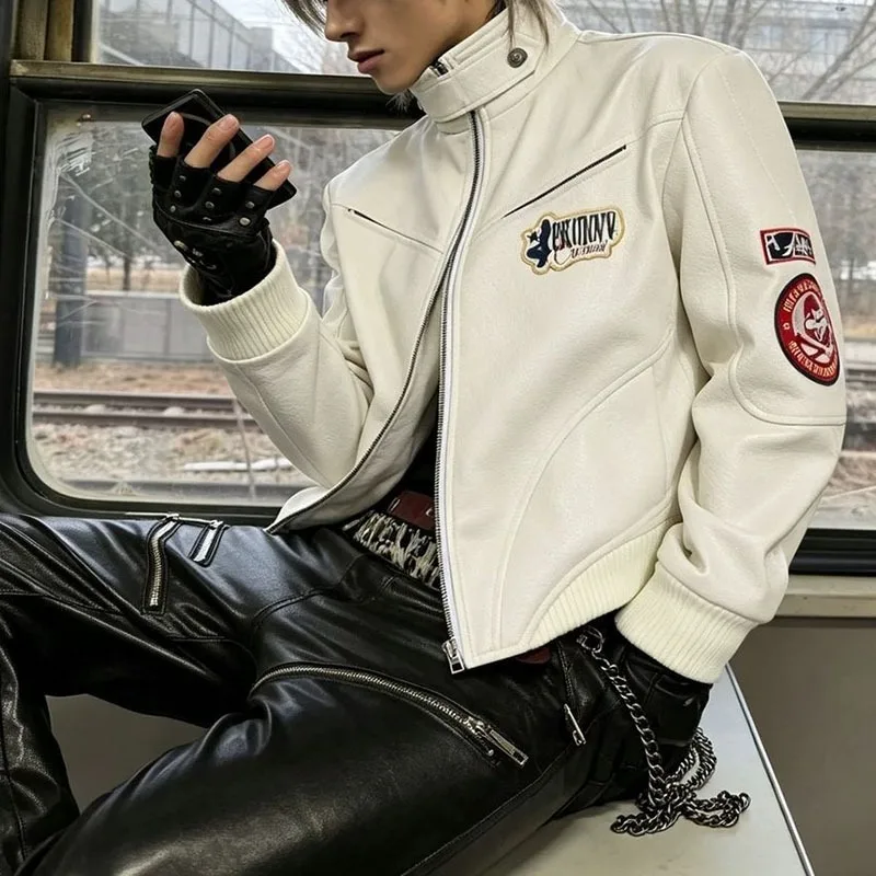 Japanese Style Embroidered Stand Collar PU Leather Jacket Men's Cool Trendy Racing Suit Unisex Motorcycle Short Coats Streetwear - view 2