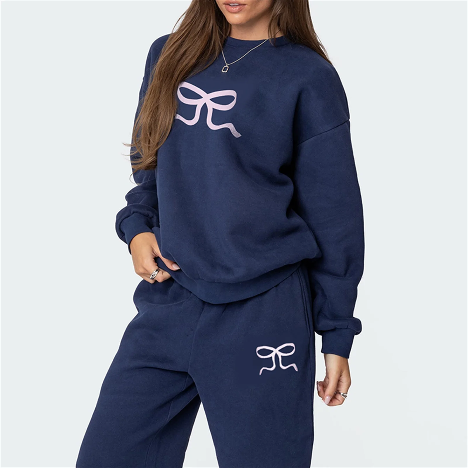 Sweat à capuche et pantalon de survêtement à col rond pour femmes, ensemble de pantalons, imprimé nœud, manches longues, document solide, vêtements de sport