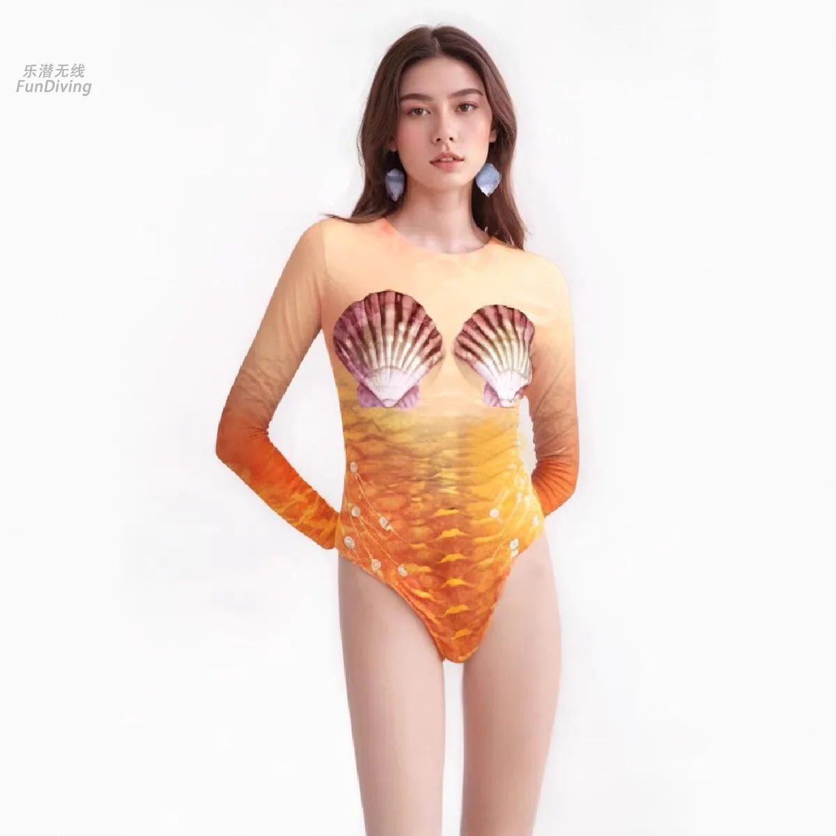 Traje de baño cálido de manga larga de una pieza con escamas de pescado de sirena, traje de actuación de sirena Oceanarium con estampado HD de concha sintética