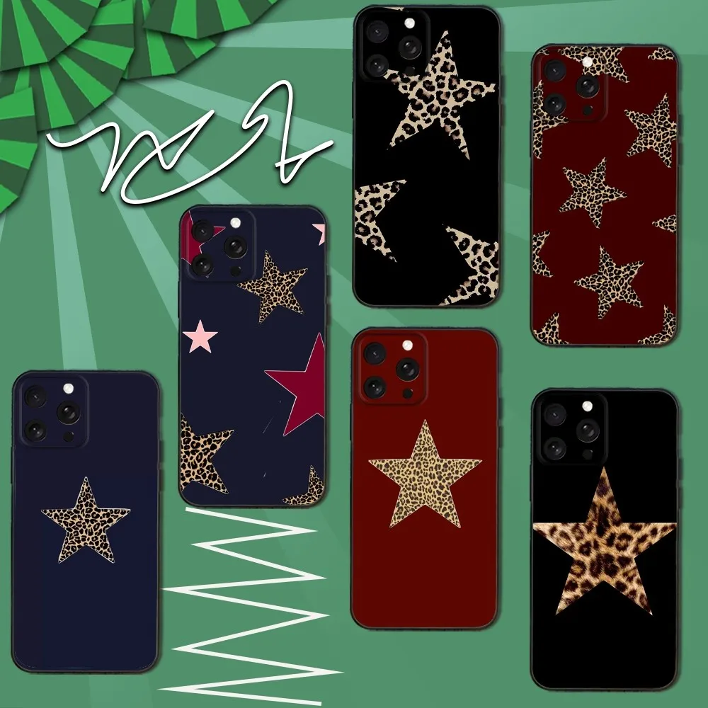 

Leopard Print Cherry Star Phone Case For iPhone 16e,16,15,14,13,12,11,Pro,X,XS,Max,XR,Plus,Mini Soft Black Cover