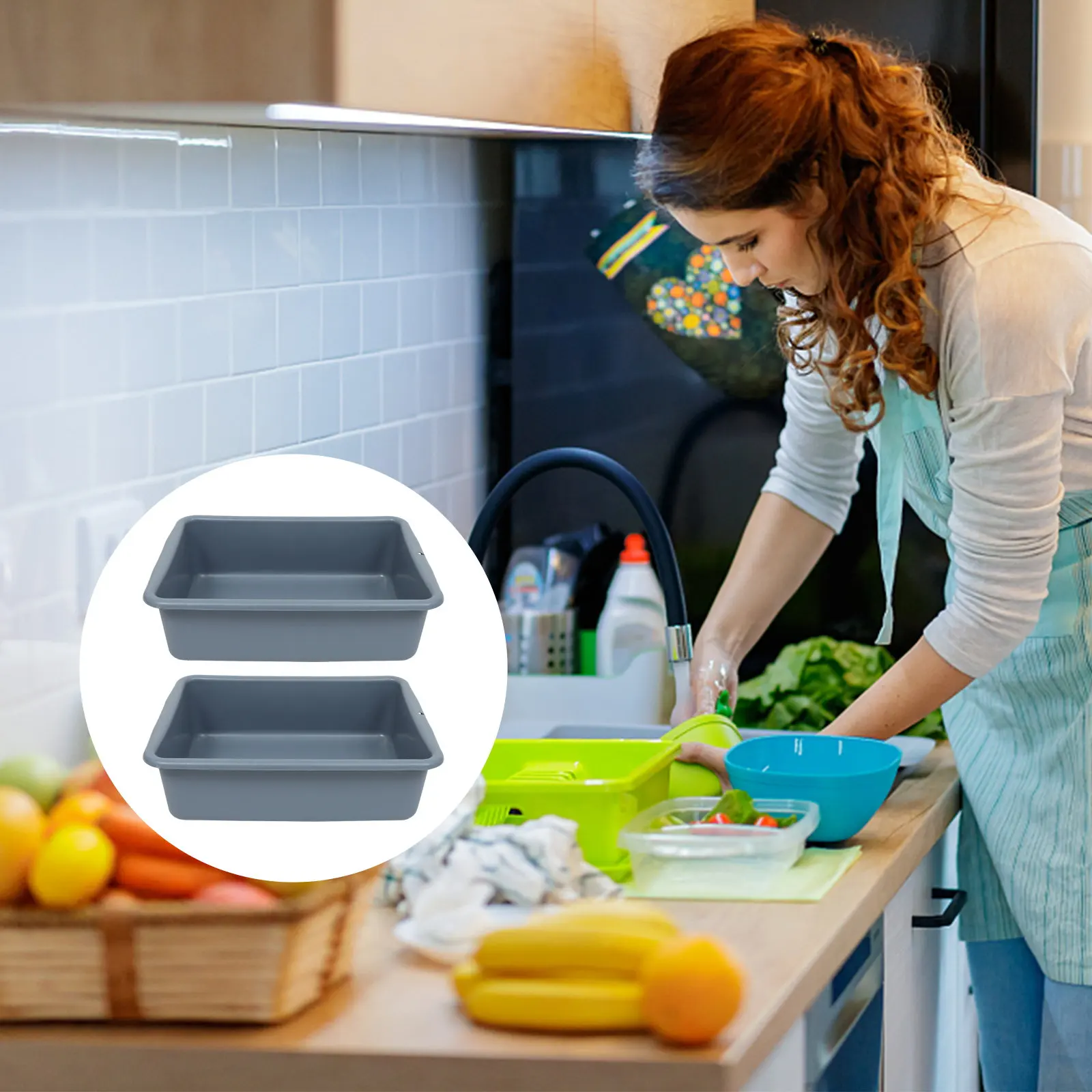 

2 шт. Большие пластиковые тазы-контейнеры с ручками для коммерческого использования в ресторанах, штабелируемые, для хранения посуды