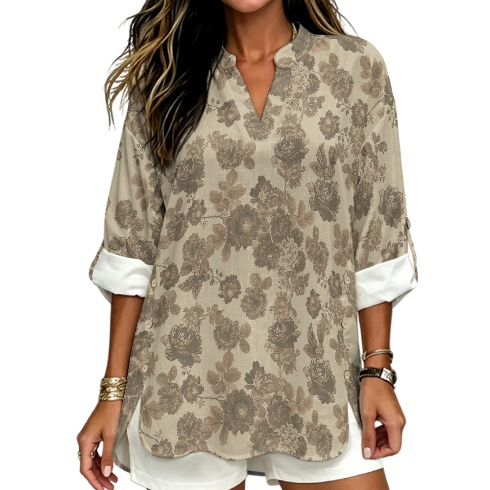 PENSTROLL Vintage Brown Floral Linen Style Tunic Tops for Travel Rolled Cuffed V Neck Blouse Shirt Long Sleeve Blouse