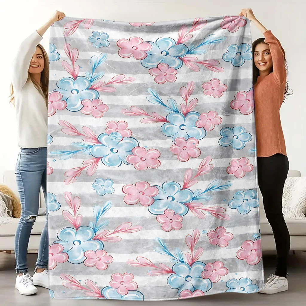 Cute Hand Drawn Pastel Flower Grey Stripe White Base Repeat Pattern Flannel Throw Blanket,Warm Cozy Blanket,Soft Girly Room Gift