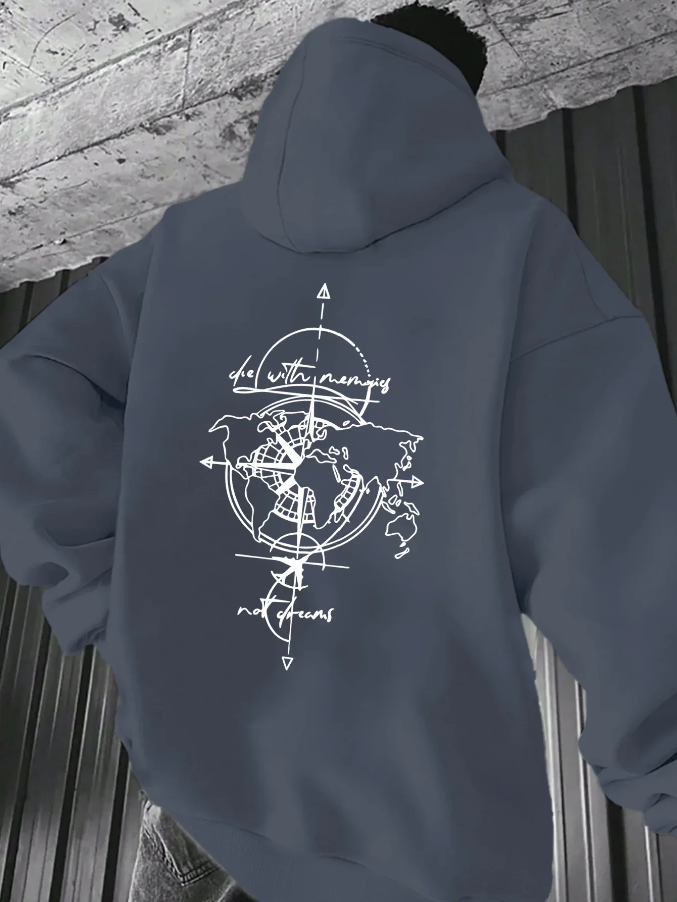 World Map Compass Back Print Hoodie Men Women Line Art Slogan Streetwear Loose Fleece Hooded Sweatshirt