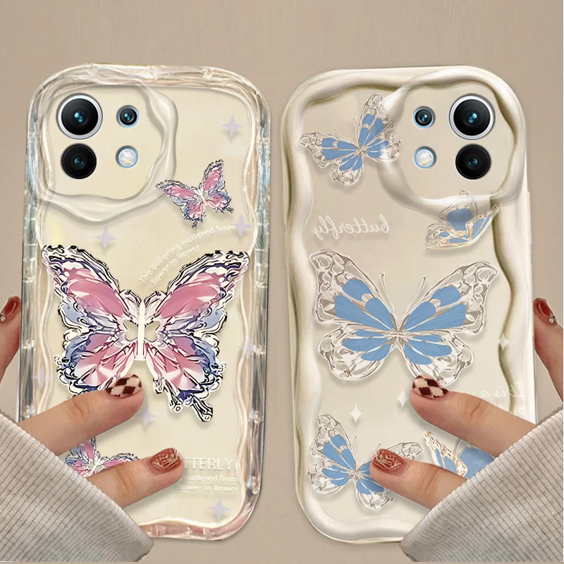 Glitter Metal Butterfly Wavy Phone Case for Xiaomi 14T 13T 12T Pro Mi 15 14 Ultra 13 12 11 Lite 5G NE 10 12X 12S 11i 11X Pro