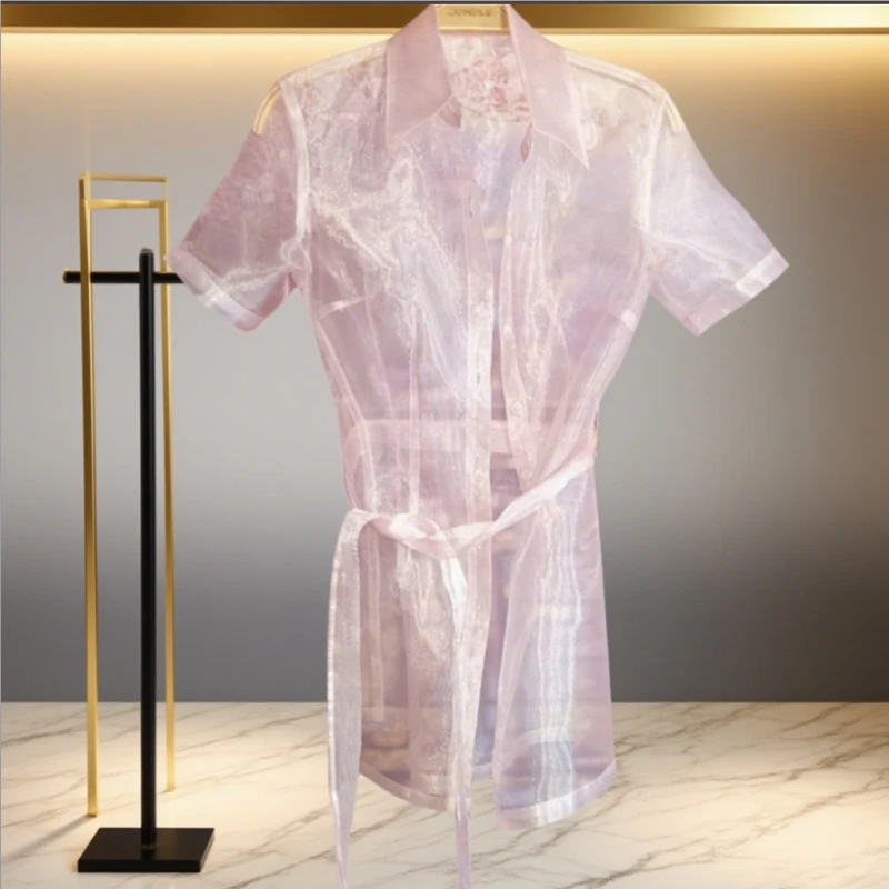 

Sexy Sheer Organza Glossy Dress Cos Erotic Uniform Silky Touch Short Sleeved With Sashes Erotic Dress Plus Size For Men Women