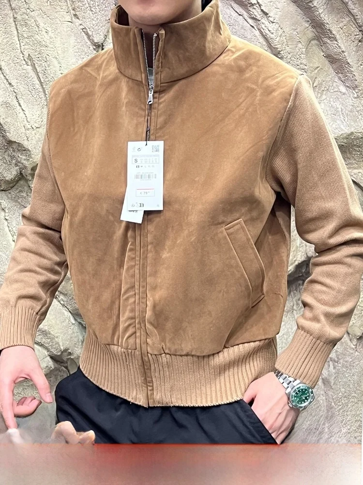 

Мужская замшевая трикотажная застежка-молния свободного кроя с воротником-стойкой, повседневная ветрозащитная застежка-молния, осенний выбор