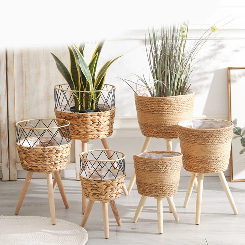 Handwoven Plant Basket Wooden Rack Indoor Outdoor Planter Stand Garden Flowerpots Storage Container for Plantable Decor