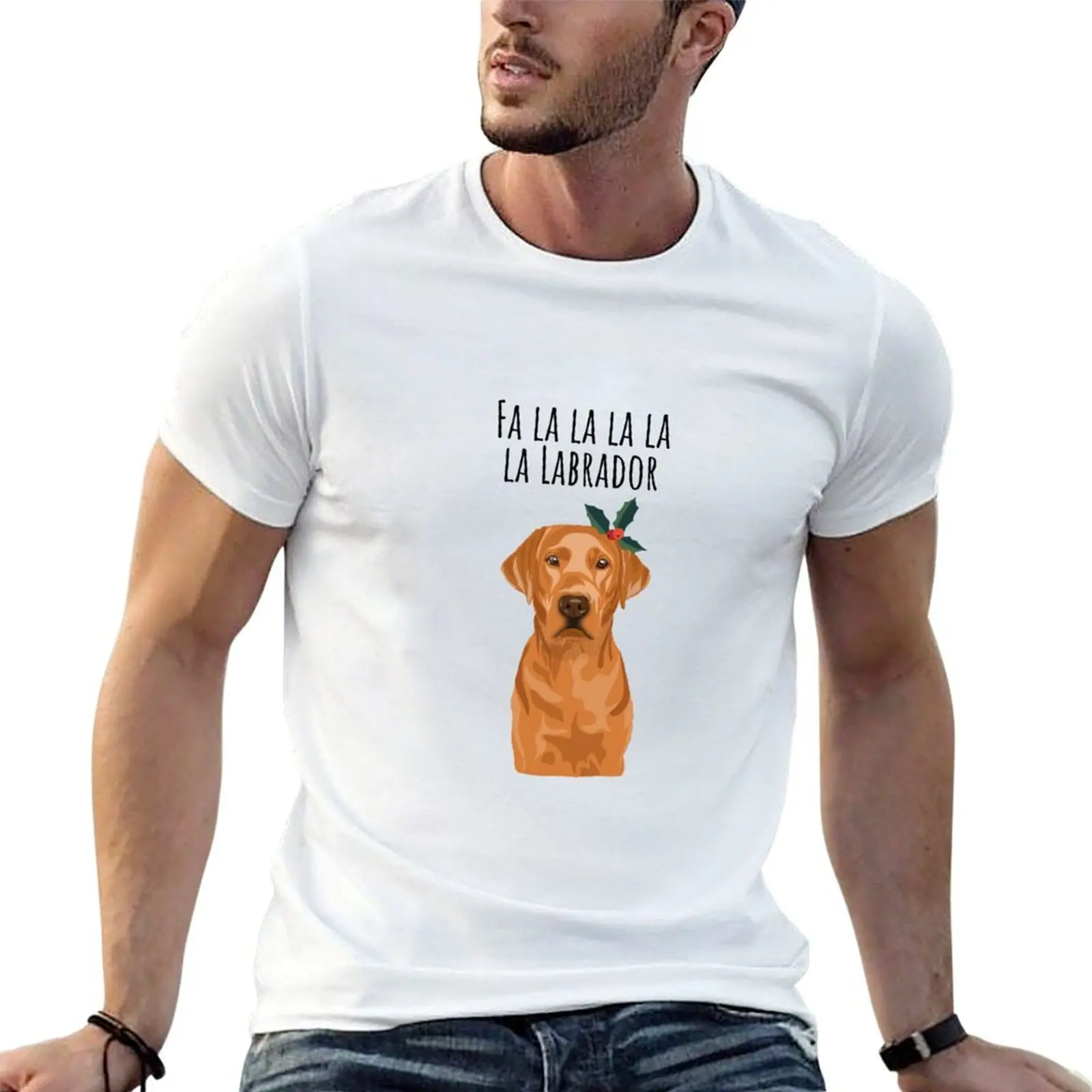 Fa la la la Labrador - Fox Red Christmas Labrador with Holly T-Shirt Street Art Print Tee Shirt