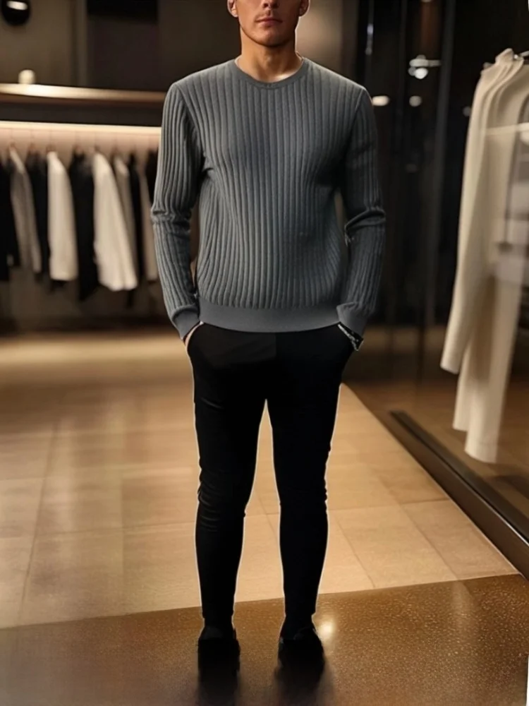 

Повседневный вязаный свитер мужской из смесовой шерсти, текстурированный, осенне-зимний, универсальный, комфортный, дышащий, с длинными рукавами, круглым вырезом, пуловер