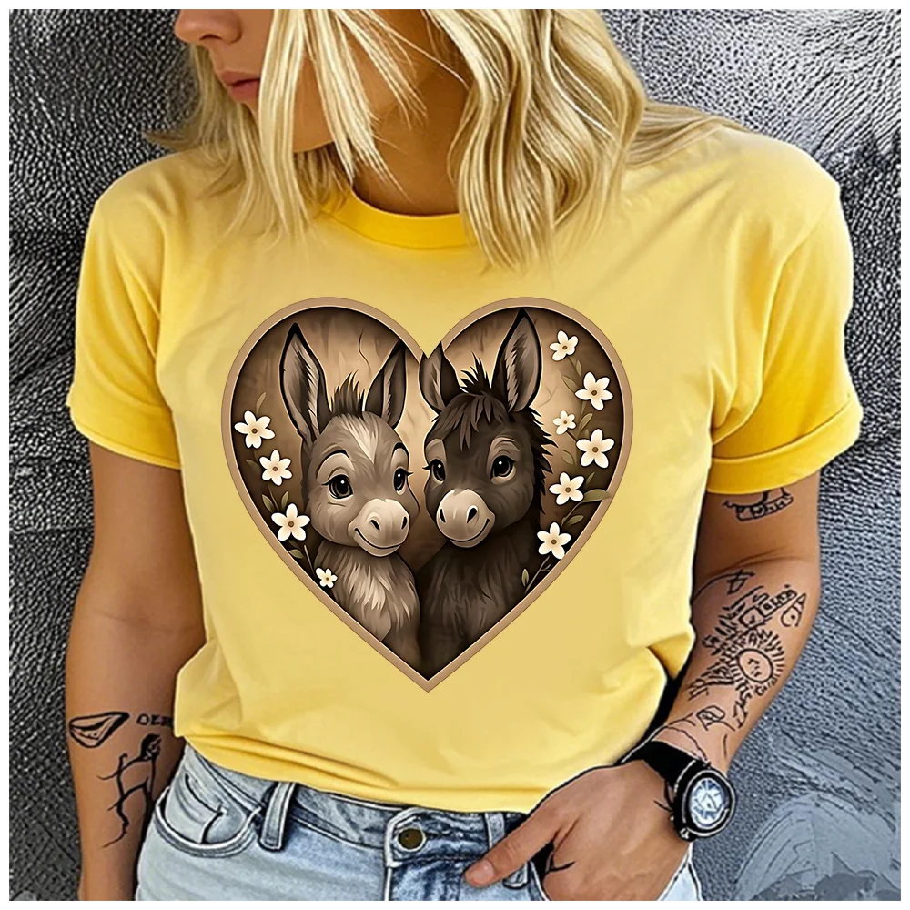 Women's Cotton 100% The Donkey's Love Print T-shirt Loose round Neck Casual Short Sleeve Fashion Top  Clothing Summer