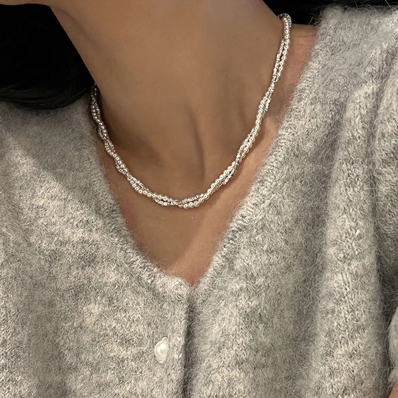 Zircon Clashing Silver Pearl Necklace with Double Layered Collarbone Chain