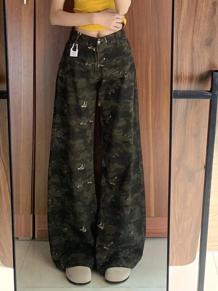 جينز مموه أنيق للنساء بتصميم أمريكي عتيق جديد مستقيم الساق للتخسيس متعدد الاستخدامات بطول الأرض من قماش الدنيم #1