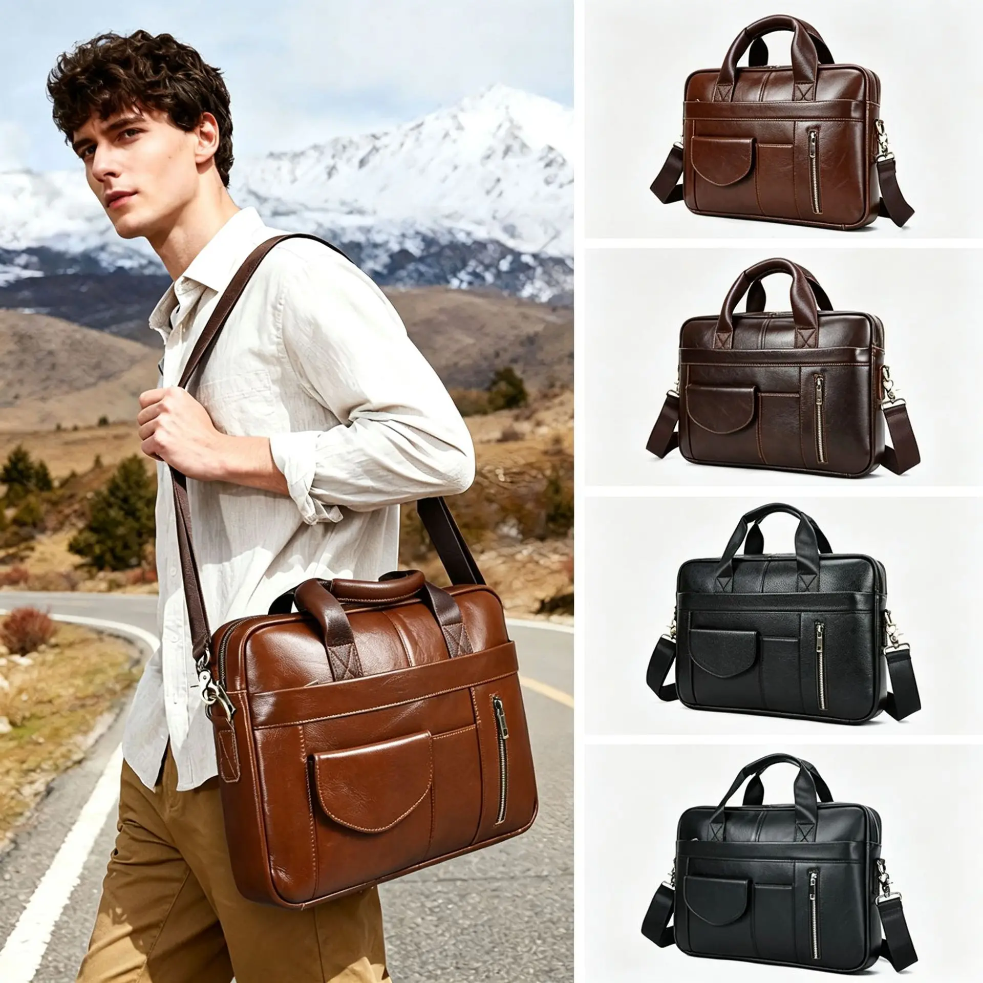 Mens Leather Briefcase Business Laptop Bag 14 Inch Genuine Cowhide Handbag Multi-Pocket Office Work Bag