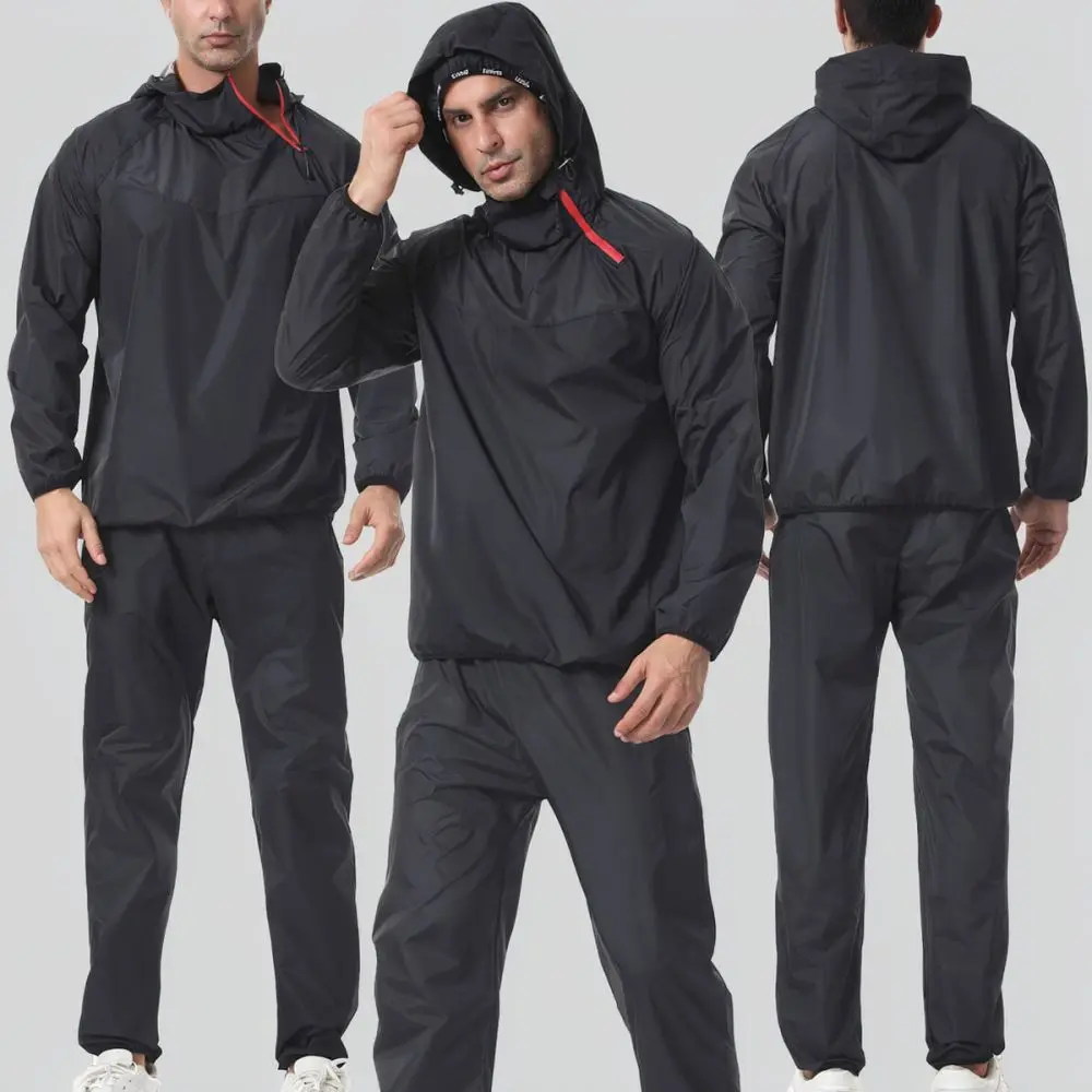 Mens Sweat Sauna Suit Hooded Long Sleeve Sportswear Quick Dry Fitness Running Exercise Training Gym Workout Clothes