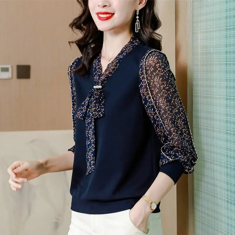 Female Clothing Broken Flowers Printed Blouse Commute V-Neck Fashion Drawstring Bow Beading Spring Patchwork Long Sleeve Shirt