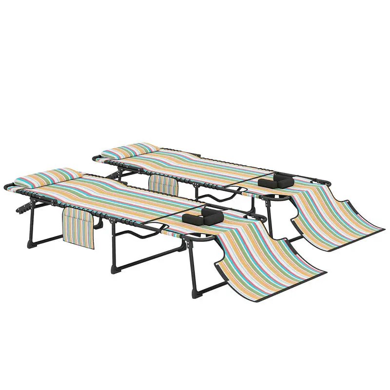 2 Piece Folding Chaise Lounge Pool Chairs with 5-level Reclining Back, Reading Hole, Side Pocket, Rainbow Striped view 7