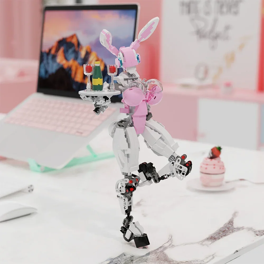 Rabbit girl robot female mecha with wine plate and vegetable machinery series building block puzzle toys