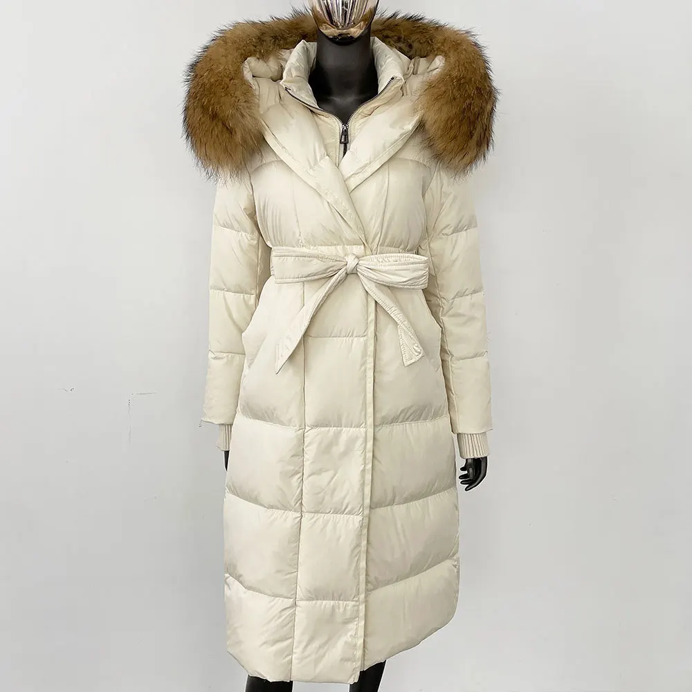 أسفل سترة النساء الشتاء ريال الطبيعي الثعلب الفراء مقنعين انفصال طوق حزام الأبيض أوزة أسفل معطف طويل عارضة أنيقة overwears #5