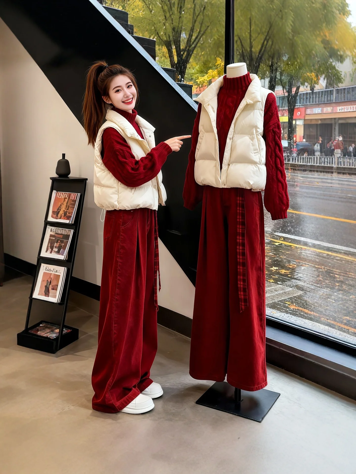 

Winter Faionable Knitted Sweater Pants Set Women's plus Size Cotton Vest High Collar Zipper Closure Warm Casual Wear