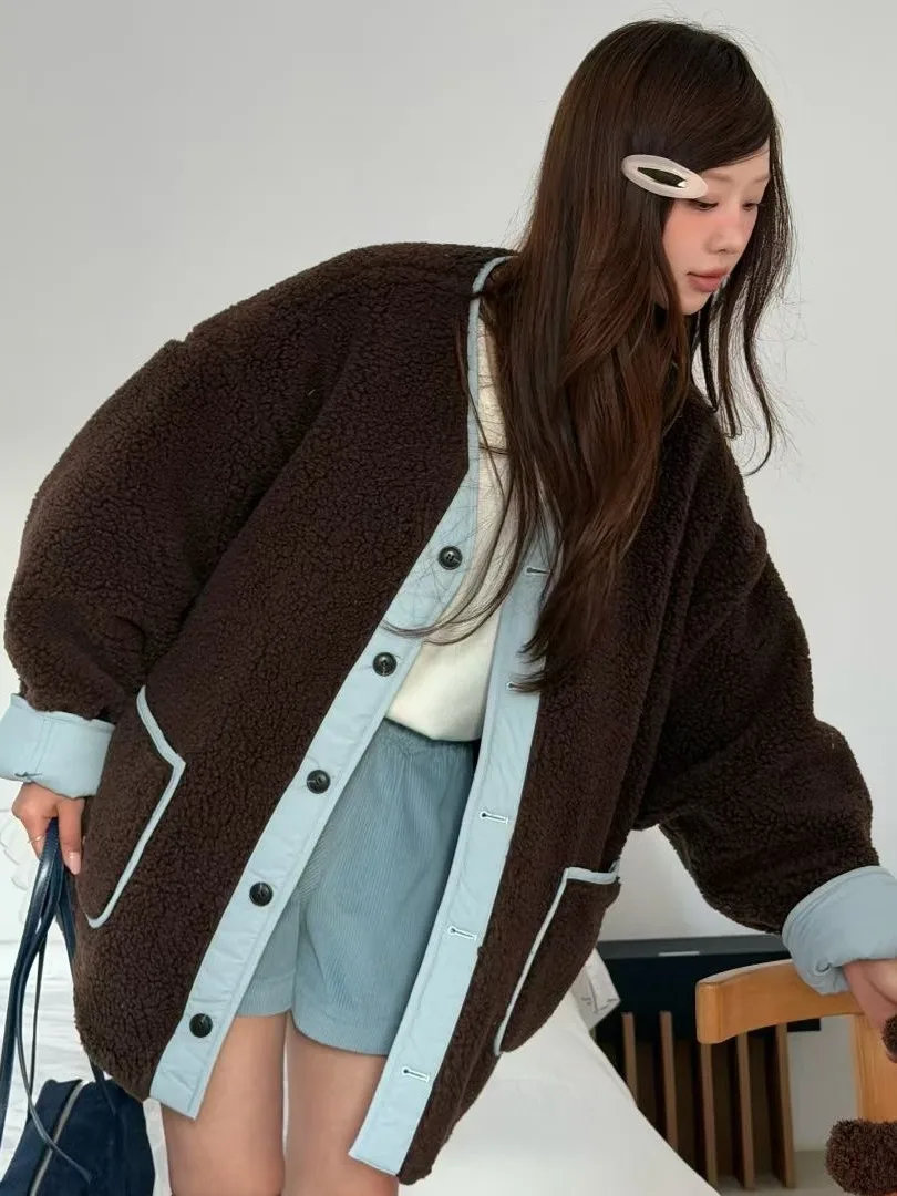 

Winter New Faion Color Blo Thiened Double-Sided Wear Cotton Coat Women Loose Versatile Cotton Jaet Outerwear