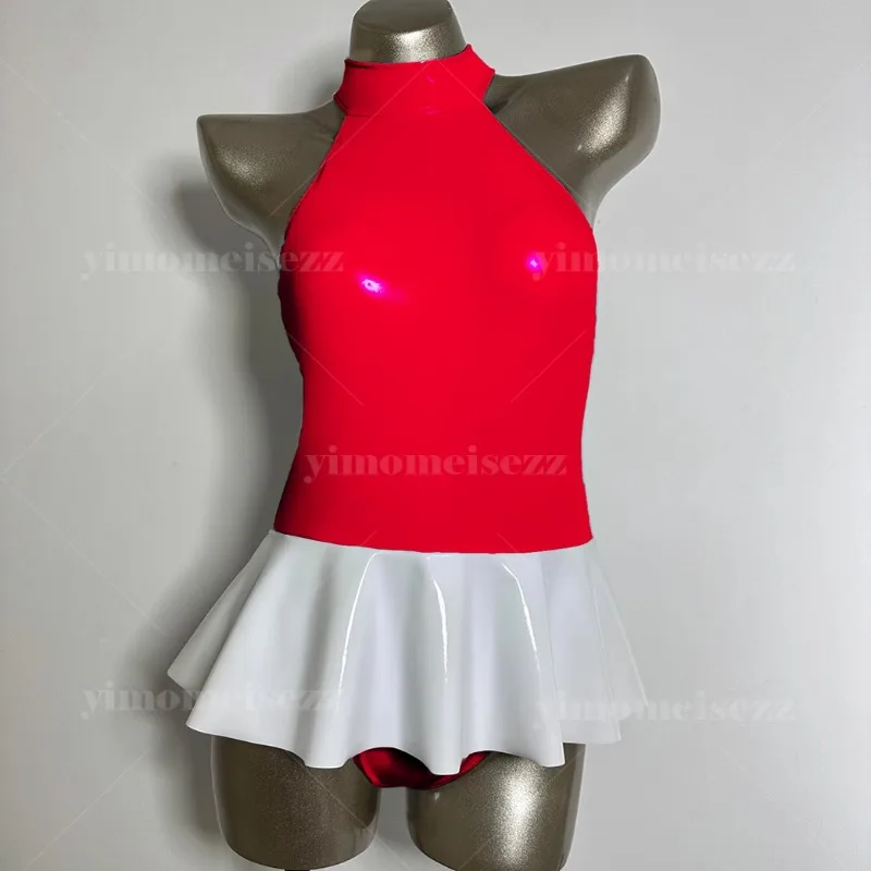 Personalizado pendurado pescoço macacão palco desempenho vestido sexy sem costas outfit plissado borda mini saia espelho material brilhante