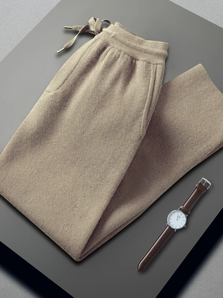 

Autumn Winter 100% Goat Cashmere Men's Straight pants Soft Warm High Waist Trousers Air Layer Thickened Knitwear Pants Popular