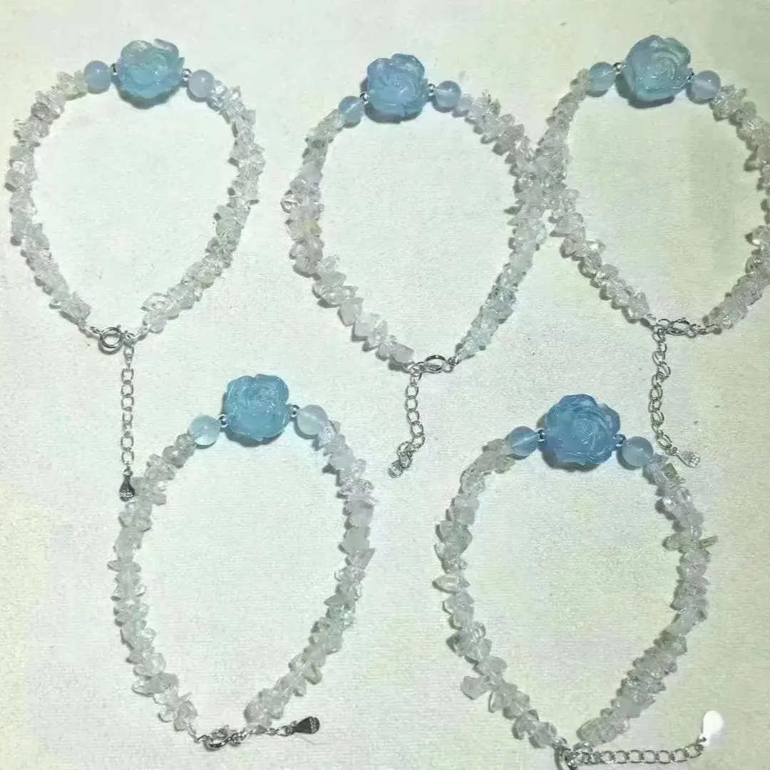 Unit One Bracelet 925 Silver Buckle With Hot Selling Natural Aquamarine Gemstone Crystal Healing Flower Carving Bracelet