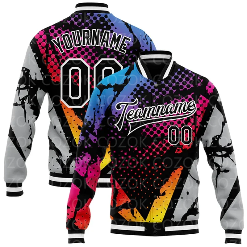 

Custom Irregular pattern 3D Printed Baseball Button Jacket Bomber Full-Snap Varsity Letterman Jacket