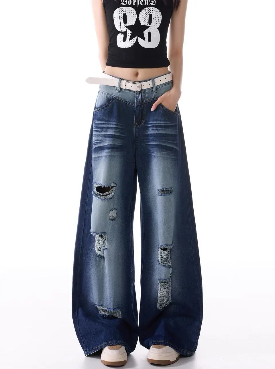 

Y2K High Street Ripped Jeans Thin High Waist Loose Wide Leg Drape Floor Pants for Women Summer