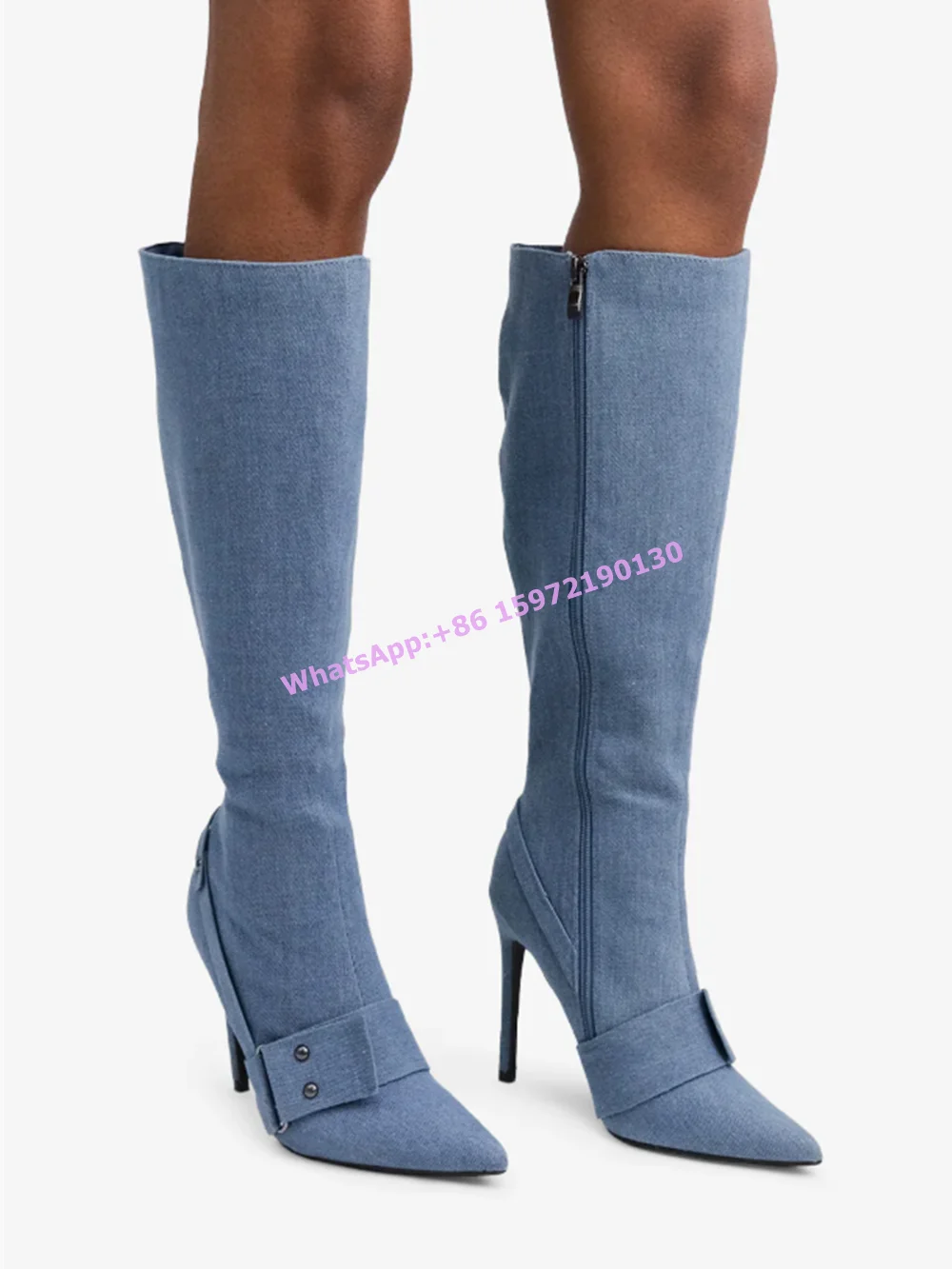 Buckle Belt Concise Boots Rivet Pointy Toe Side Zipper Thin Heels Leisure Black Winter Boots Dark Style Girls Knee High Boots