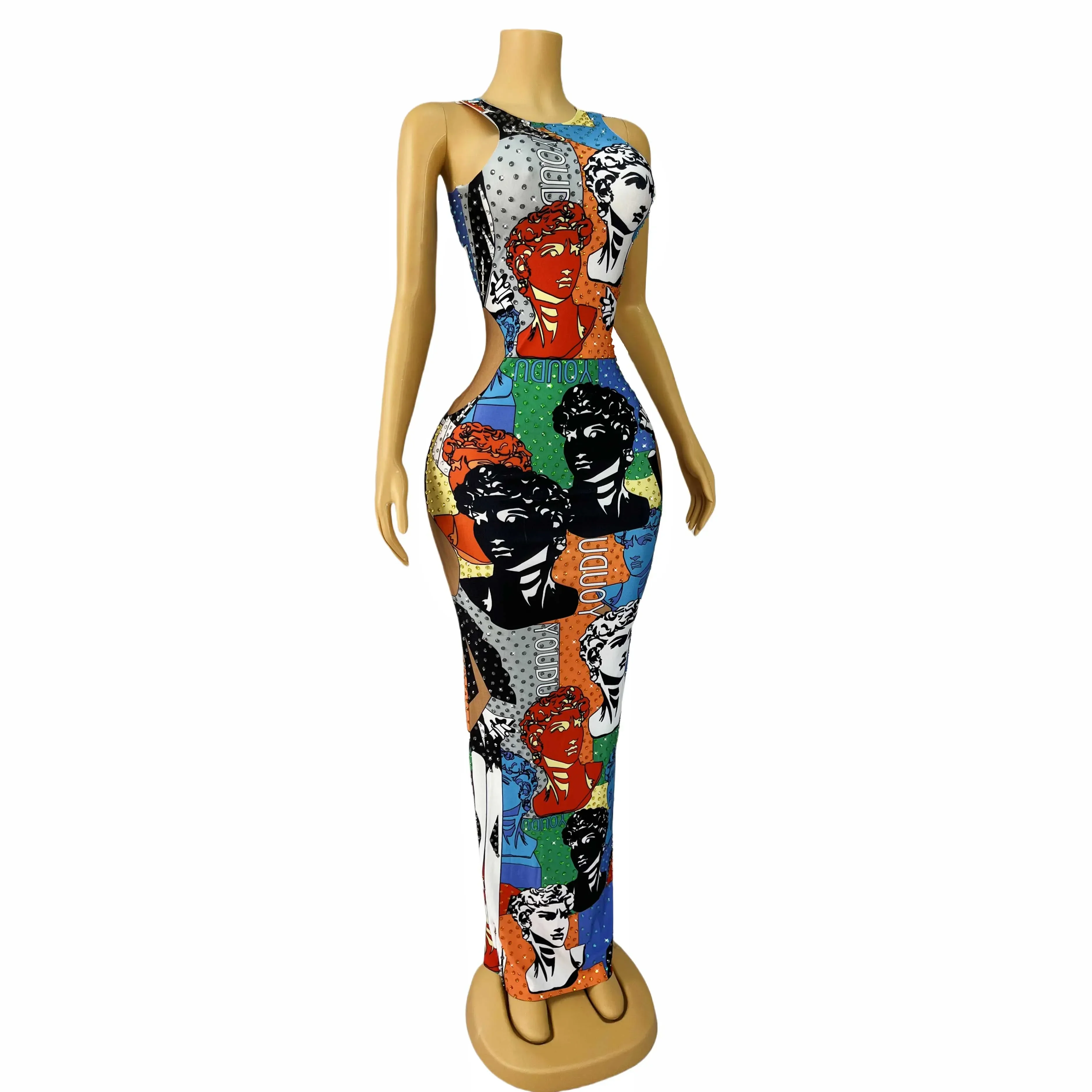 Cute Summer Colorful Rhinestones Spandex Stretch Celebrate Face Pattern Dress Outfit Party Singer Collection Birthday Costume PO