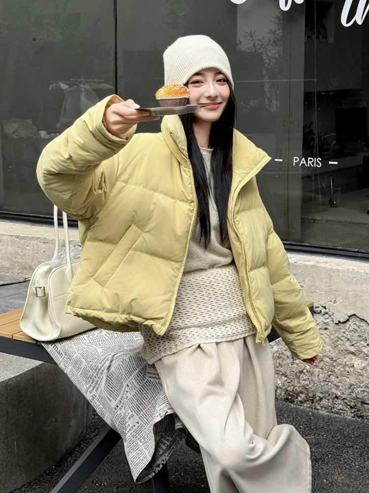 

Winter Stand Collar Fluffy Short Down Jacket Female Puff Thicken Warm Solid Jackets Women White Duck Down Zipper Parker Outwears