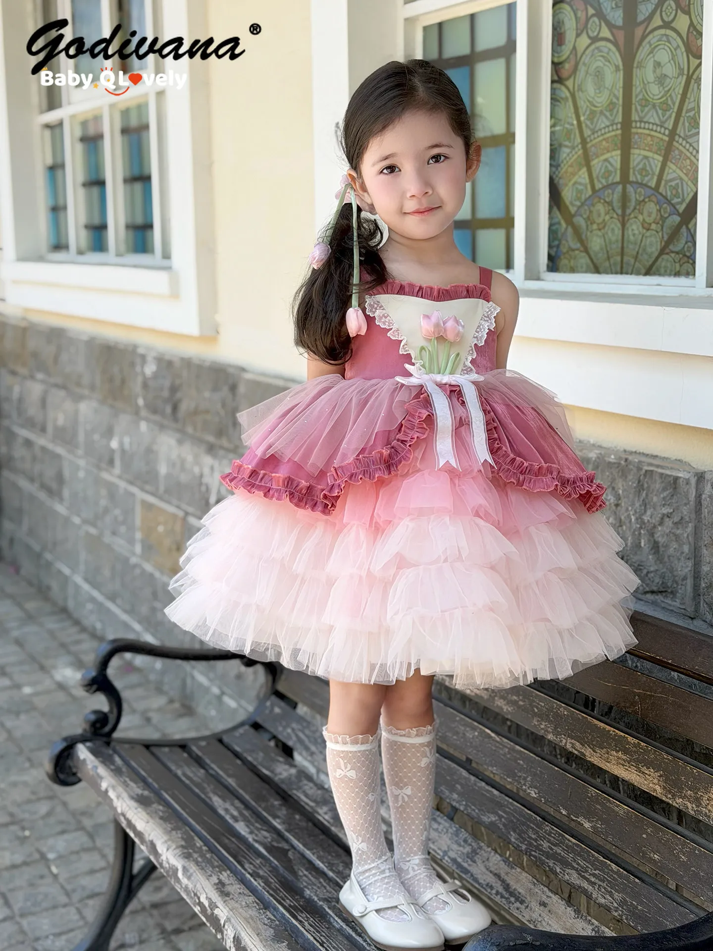 Original Sweet Baby Girls Floral Tutu Lolita Birthday Dress Kids 2026 New Summer Mesh Sleeveless High Waist Lace Ruffle Gown
