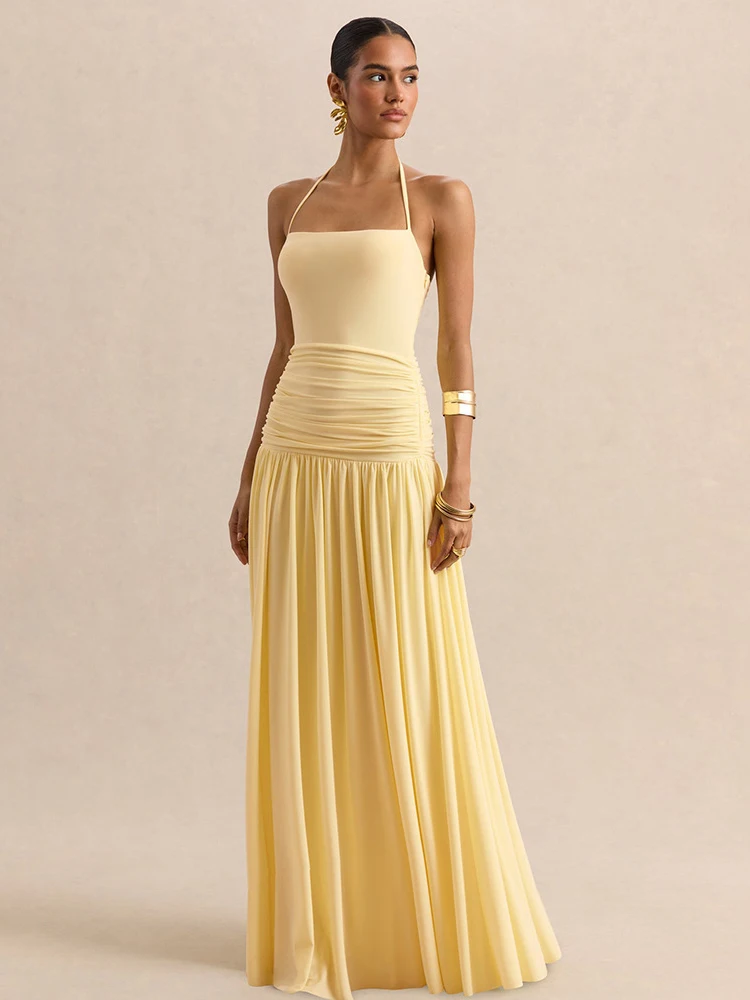 New Off The Shoulder Halter Maxi Dress Summer Women Backless Prom Gowns Fashion Elegant Sleveless Pleated Evening Long Dress