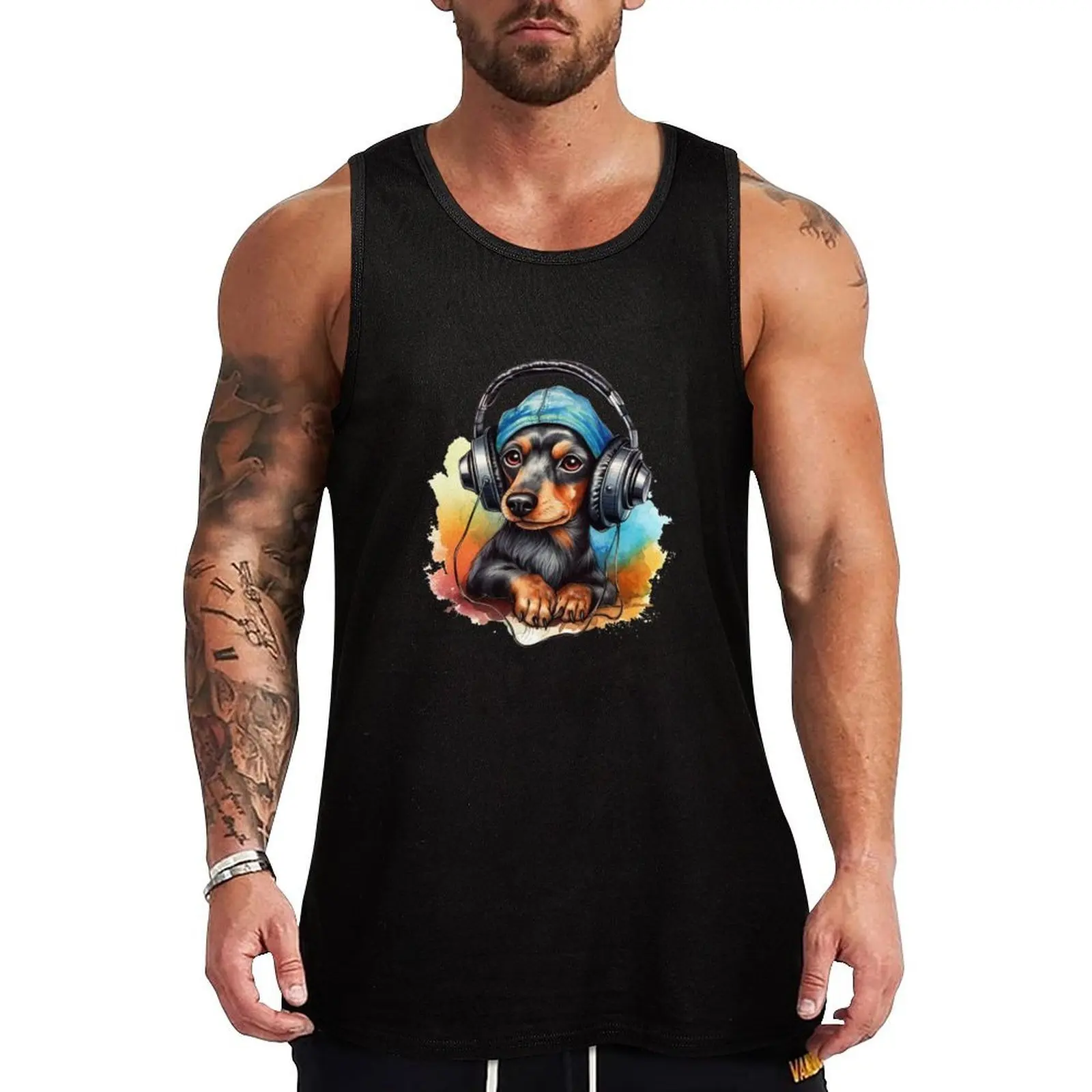 

Black and Tan Dachshund with headphones and beanie dreamscape style Tank Top gym men Man summer clothes Sportswear for men