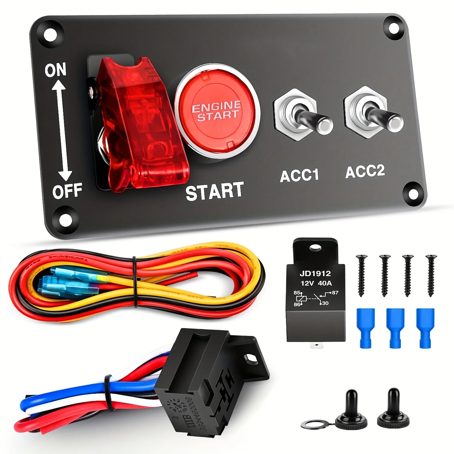 

12V Push Start Ignition Kit - Durable Aluminum, Easy Installation, Red Engine Button for Switch, Relay Harness, and Colorful Cab