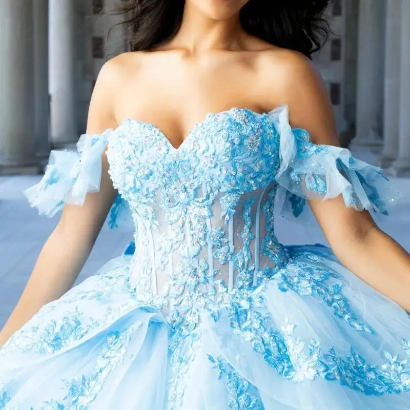 Sky Blue Shiny Ball Gown Quinceanera Dresses Off the Shoulder Applique Lace  Tull Party Birthday Sweet 16 Vestidos 15 Customized