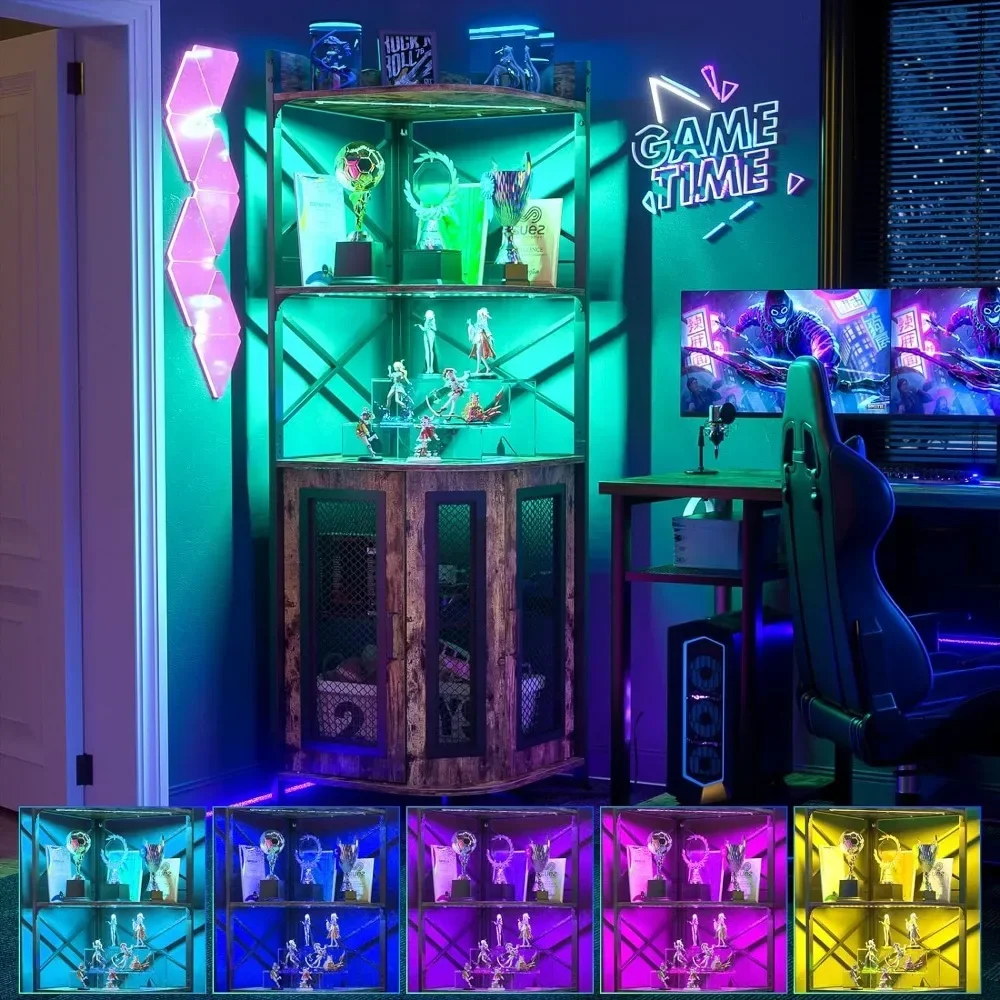 Armoire de bar d'angle avec prise de courant, cave à vin industrielle avec bande LED et porte-verre, meuble de bar français ou à 5 niveaux